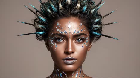 a stunning portrait capturing the artistry of a model adorned with intricate crystal makeup and unique spiked hair, showcasing vibrant creativity and bold beauty