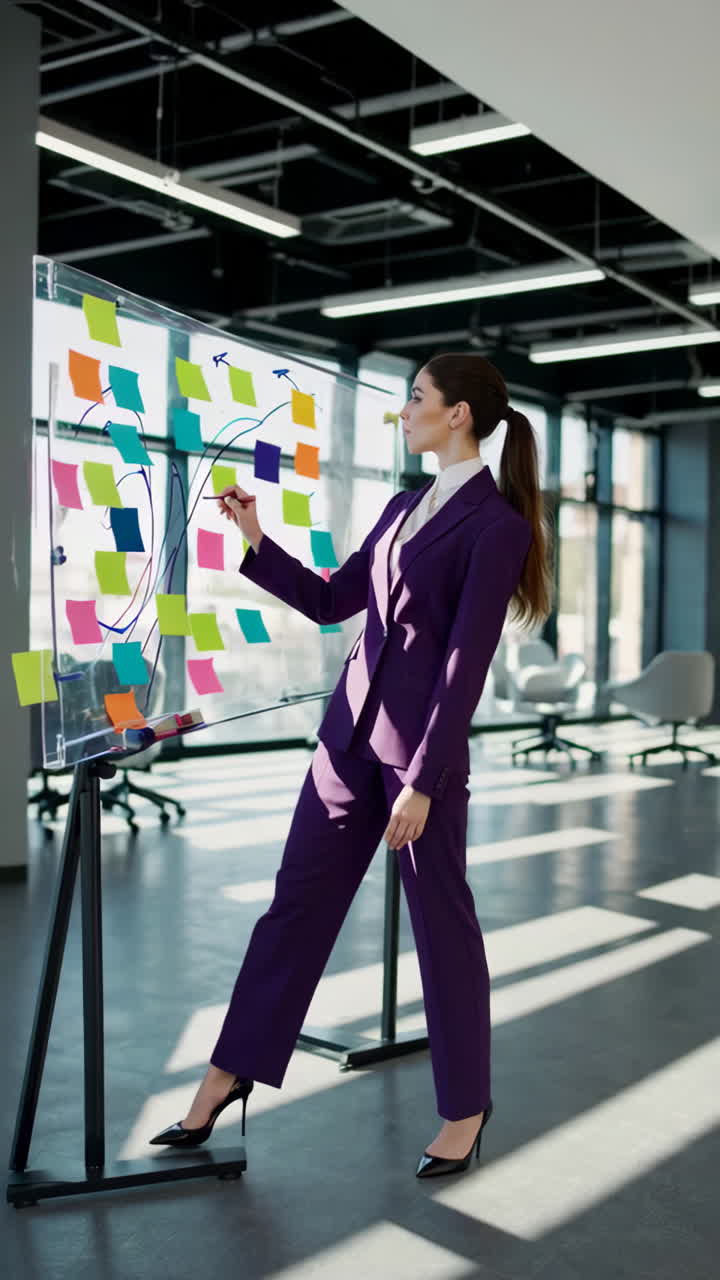 Businesswoman Planning and Brainstorming with Sticky Notes on Whiteboard in Modern Office