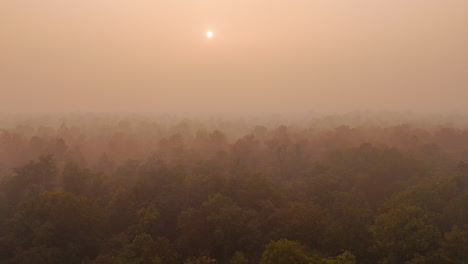 La-Región-De-Terai-En-Nepal-Tiene-Bosques-Verdes-Y-Fantásticas-Puestas-De-Sol-Con-Un-Cielo-Rosado,-Un-Dron-Captura-La-Belleza-Escénica-En-El-Bosque-Con-Humo-Cubierto-De-Smog-Y-Niebla,-Conservación-Del-Medio-Ambiente-4k