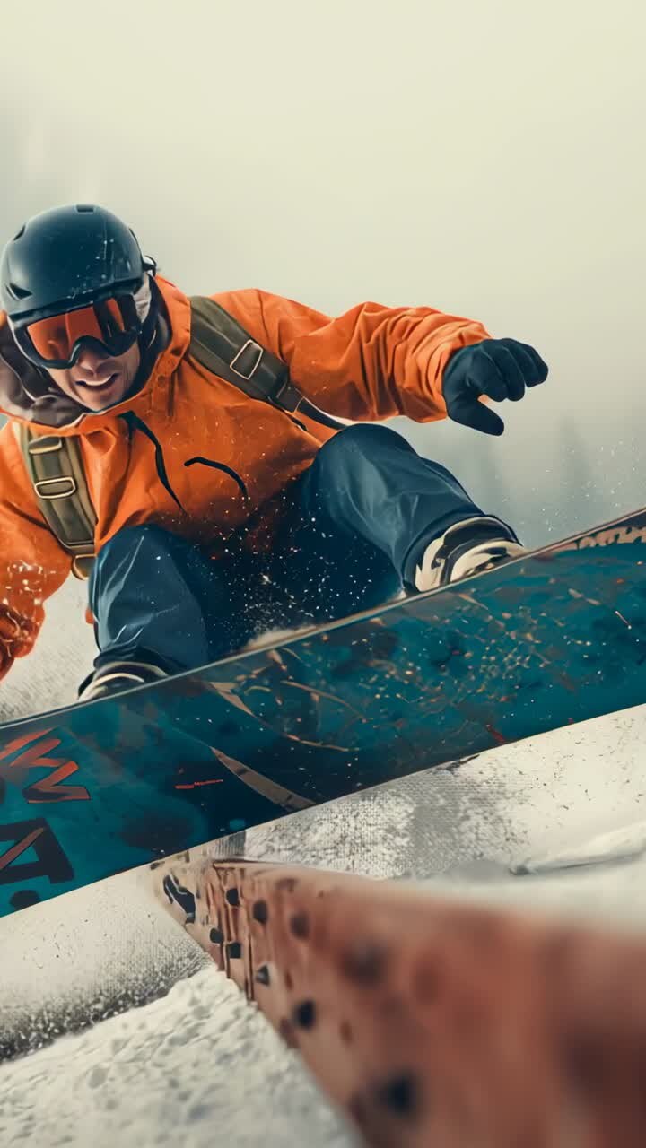 Vertical video: Hitting rail, rider in orange jacket sliding at snow park, with pack and snow spray