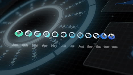 animation of monthly data over circular scanner processing on black interface