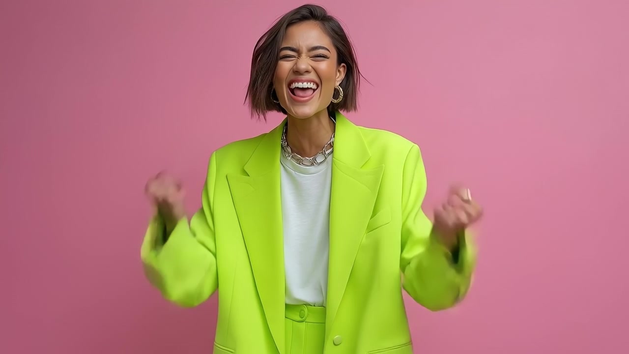 Excited Woman in Bright Lime Green Blazer Cheering with Clenched Fists