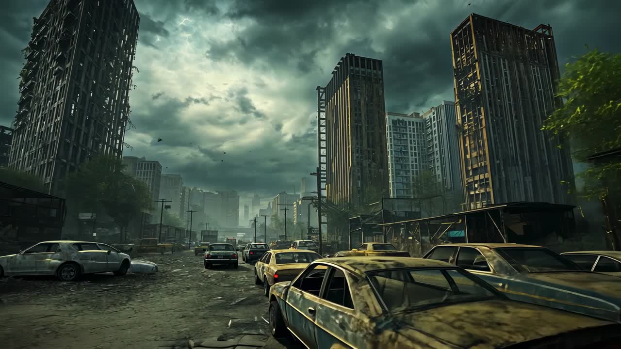 Gliding camera along boulevard amid lightning flashes toward yellow taxi rear, exposing rusted cars