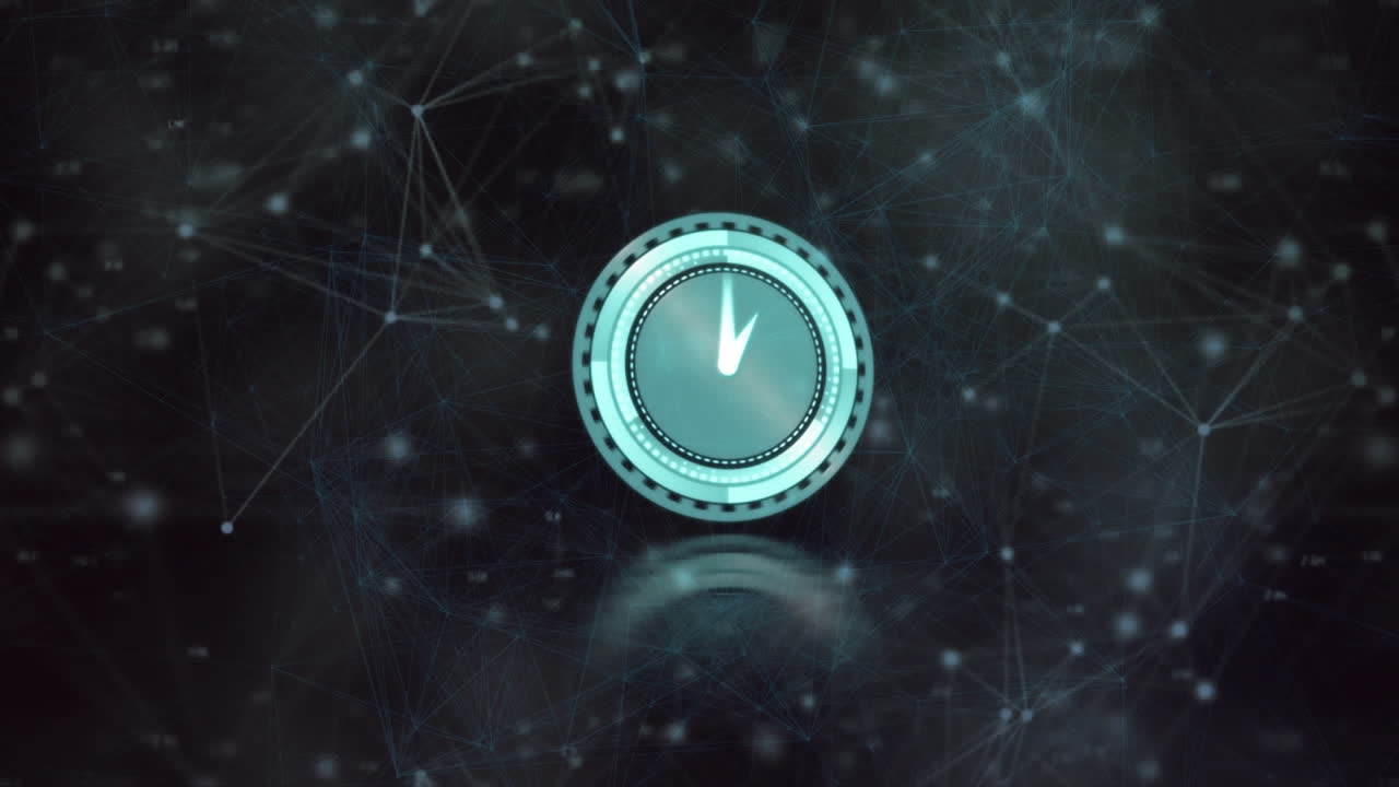 Animation of clock moving fast over network of connections and glowing spots on black background