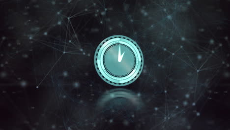 animación de un reloj que se mueve rápidamente sobre una red de conexiones y puntos brillantes sobre un fondo negro
