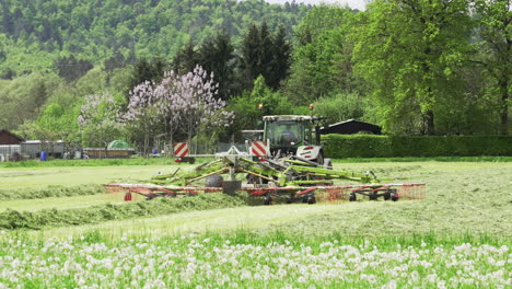 hay turning on the rural farm