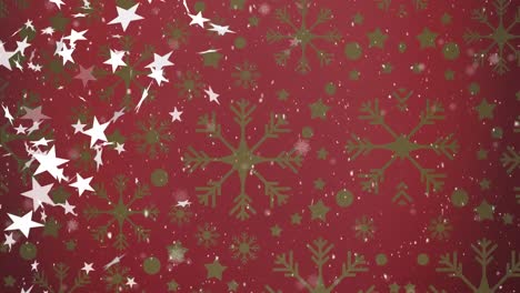 animación de estrellas de navidad cayendo sobre un fondo de copos de nieve rojos