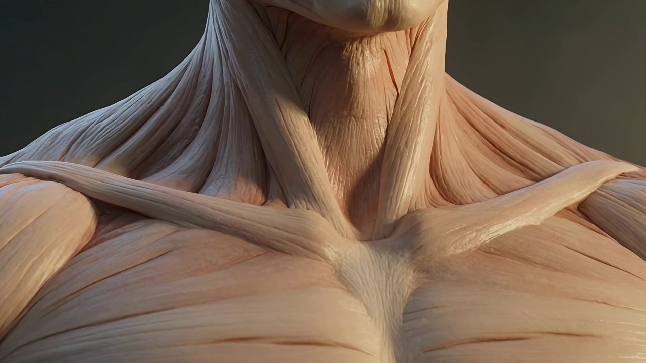 Telecamera in movimento che zooma su un torso scolpito in studio, rivelando clavicole, muscoli del collo e l'illuminazione.
