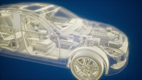 holographic animation of 3d wireframe car model with engine