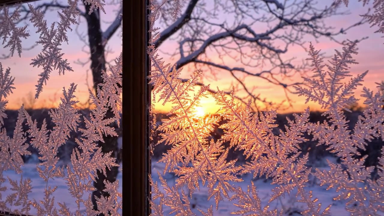 En vakker vintersolnedgang innrammet av et frostdekket vindu, som viser naturens kunst med silhuettgrener og glitrende snøflak idet dagslyset svinner