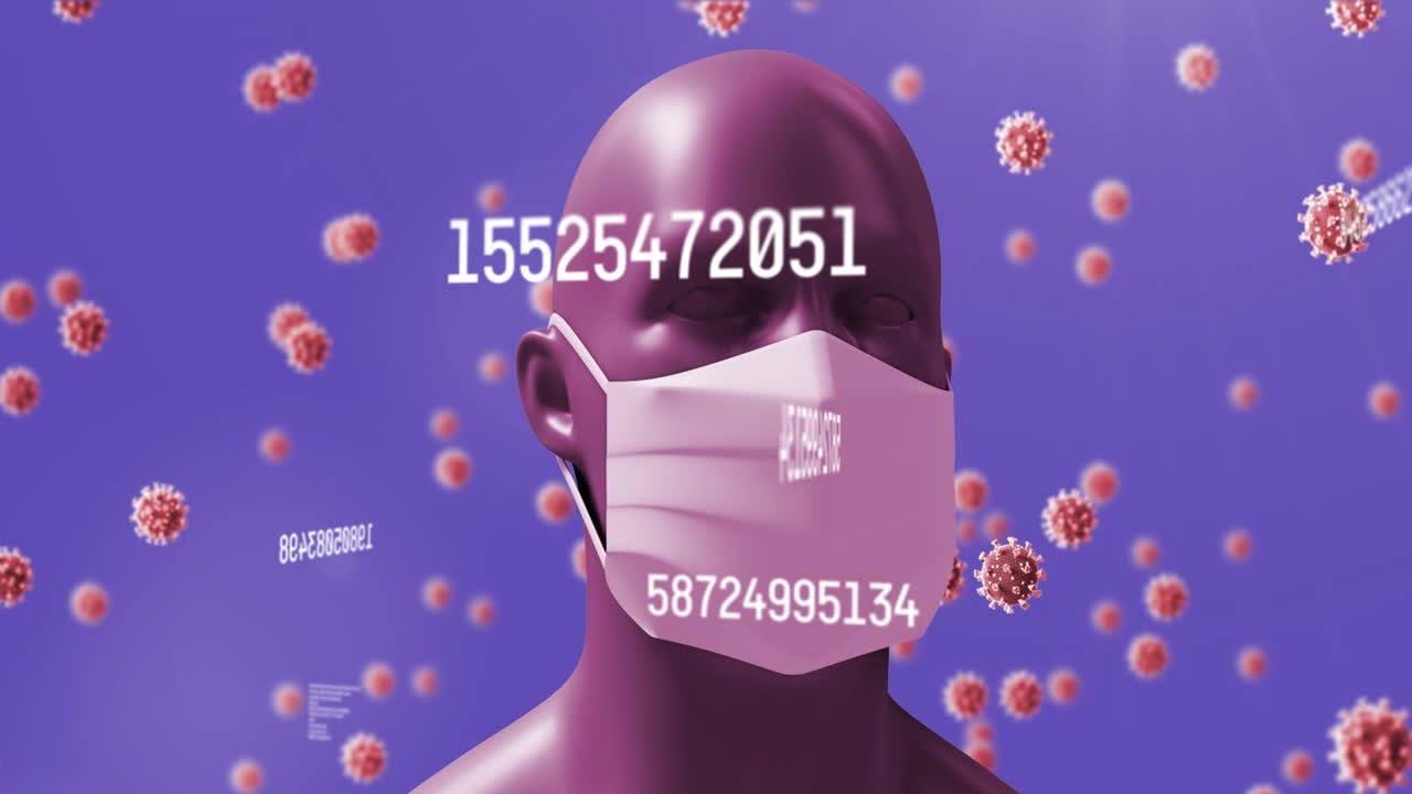 바이러스 세포와 숫자의 애니메이션과 얼굴 마스크와 데이터 처리와 함께 인간