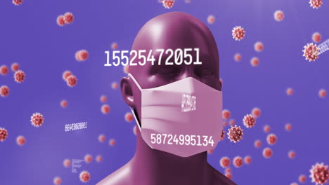 animación de células de virus y números y humanos con máscara facial y procesamiento de datos