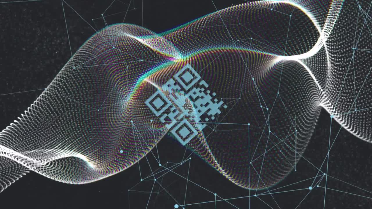 Animation of qr code, waves and connections on black background
