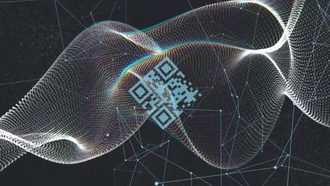 Animation-of-qr-code,-waves-and-connections-on-black-background