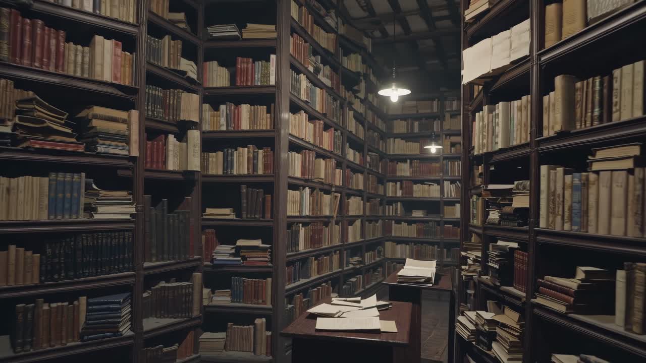 A vintage library filled with books, captured from a low-angle, creating an immersive, cinematic