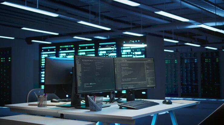 Panning shot of PC monitors in data center