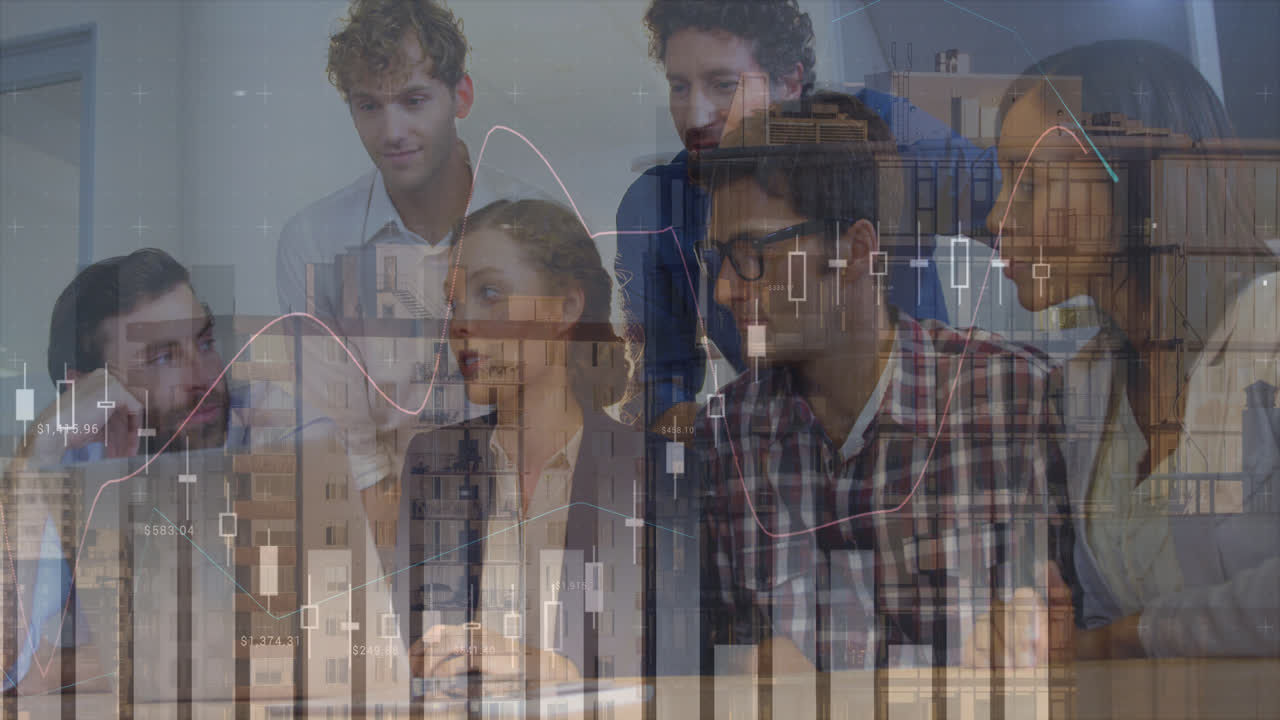 Animation of financial graphs, data and cityscape over diverse businesspeople talking in office