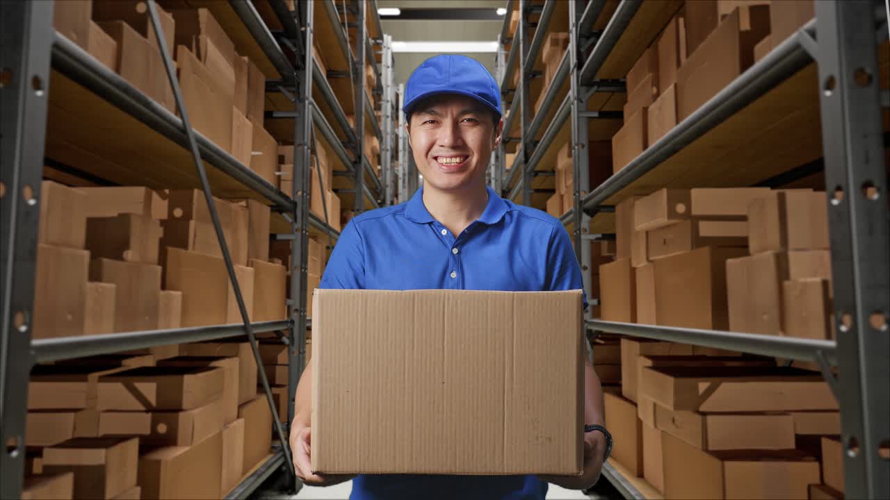 mensajero masculino asiático en uniforme azul sonriendo mientras entrega un cartón en el almacén