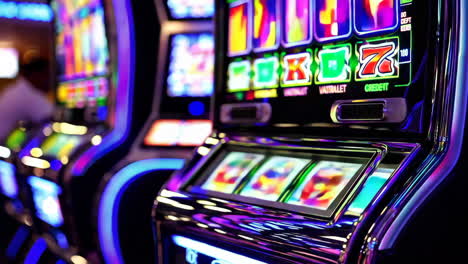 close-up of colorful slot machines in a casino