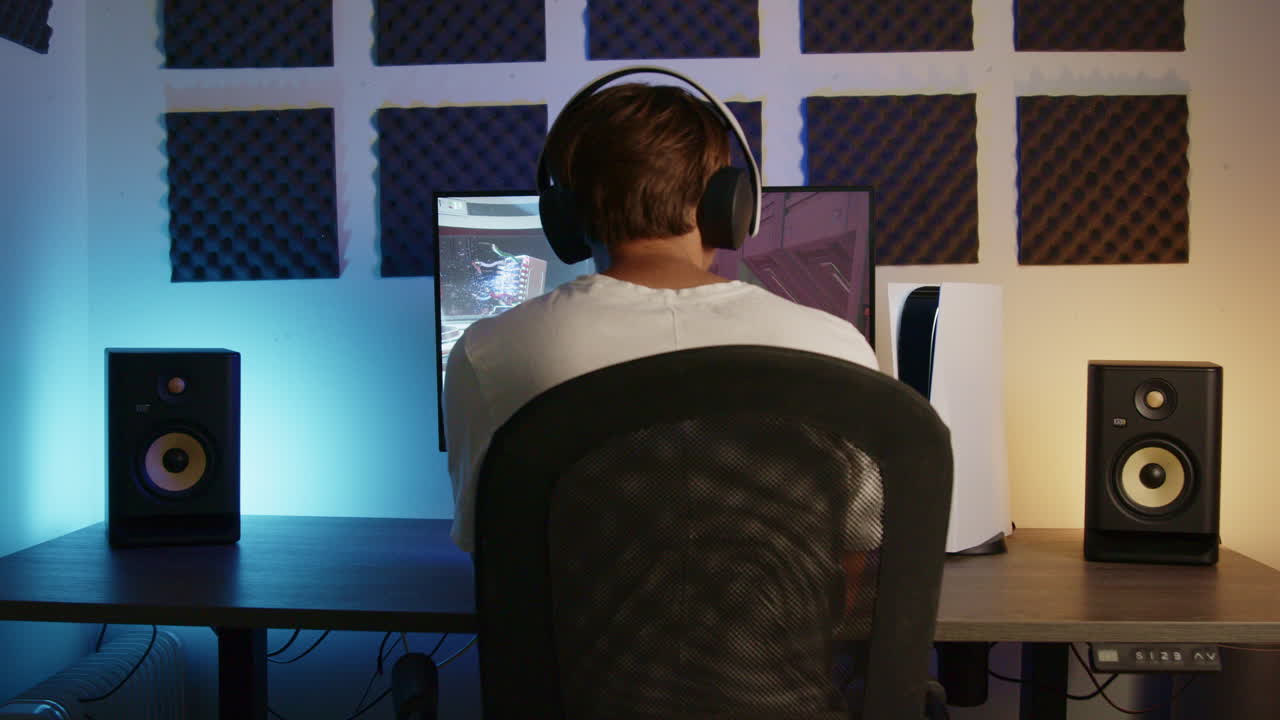 밤에 rgb led 룸에서 ps5 컨트롤러와 헤드셋을 사용하여 플레이스테이션 5에서 게임하는 소년