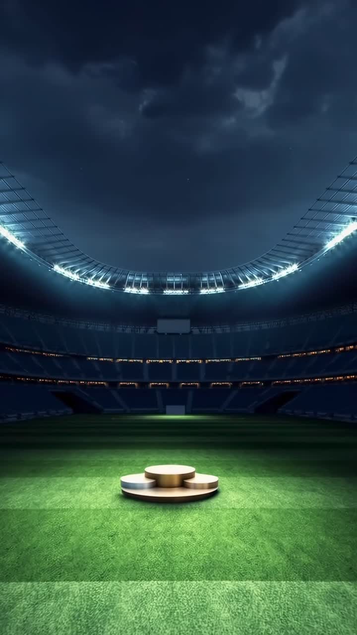 Drammatica inquadratura video dal basso di uno stadio vuoto di notte, riflettore su un podio centrale.