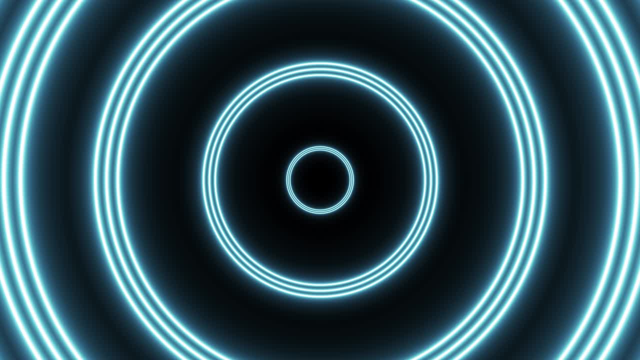 grupo azul de círculos de neón movimiento de bucle sin costuras fondo gráfico. vuelo futurista abstracto en animación de túnel