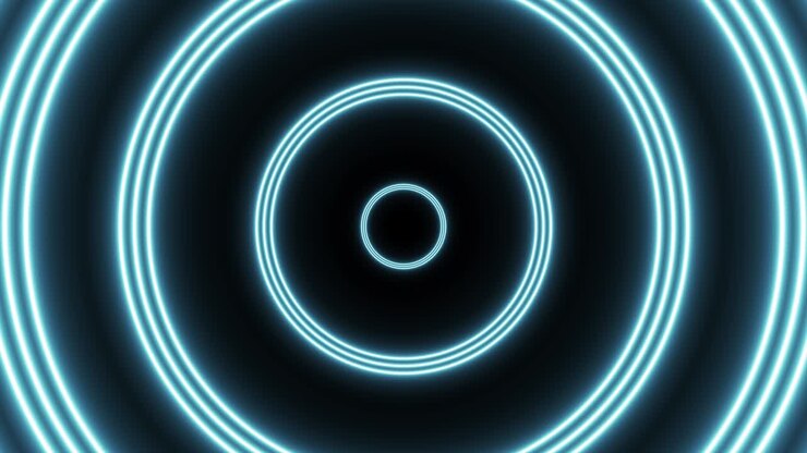 Grupo de círculos neon azul-claro em fundo gráfico em movimento de loop contínuo. Animação abstrata de voo futurista em túnel
