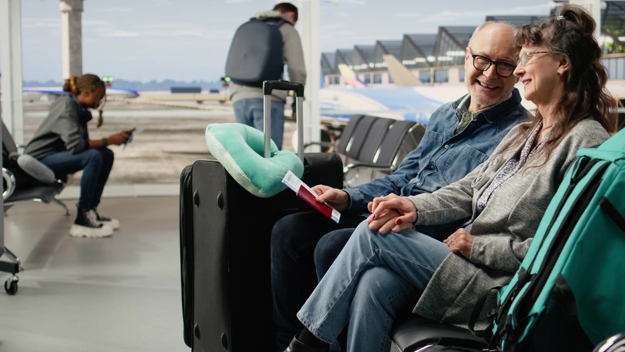 Primo piano di un uomo e una donna anziani che si tengono per mano in una lounge aeroportuale.