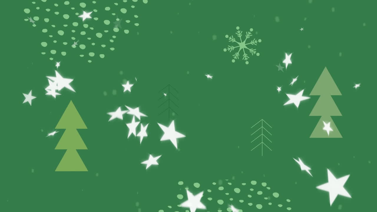 animación de árboles de navidad y estrellas blancas cayendo sobre un fondo verde