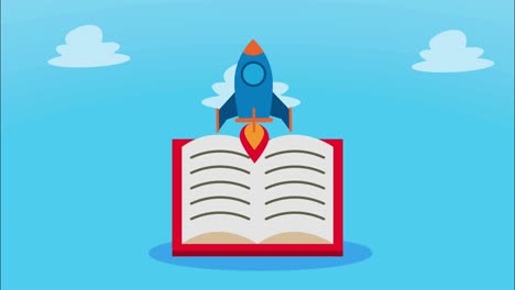 libro escolar con animación de cohetes
