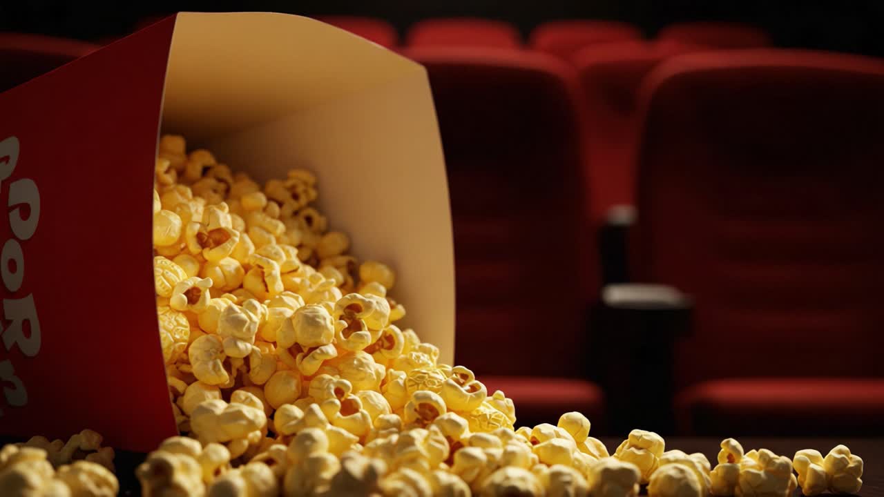 Overflowing Popcorn in an Empty Movie Theater: Capturing the Delight and Anticipation of Cinematic Experiences with a Focus on Snacks and Comfort