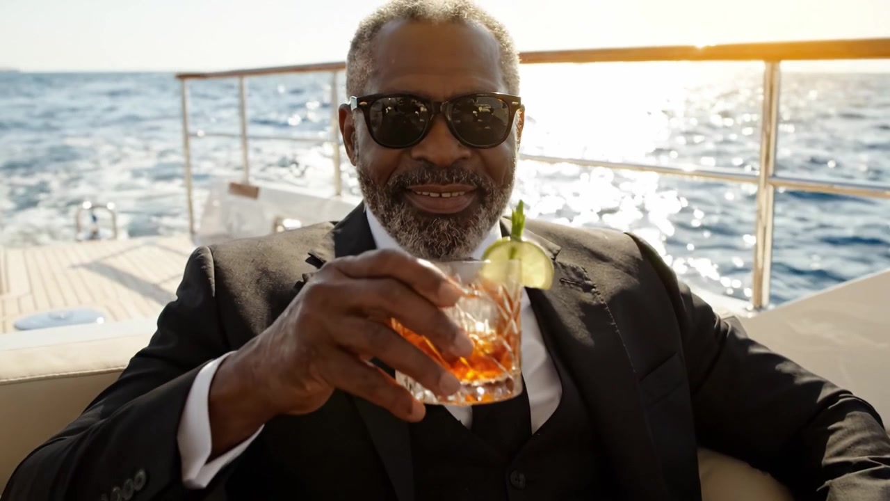 Un Momento Elegante sull'Acqua: Un Signore di Stile si Gode un Cocktail Mentre si Rilassa su uno Yacht di Lusso Sotto il Caldo Sole con una Tranquilla Vista sull'Oceano
