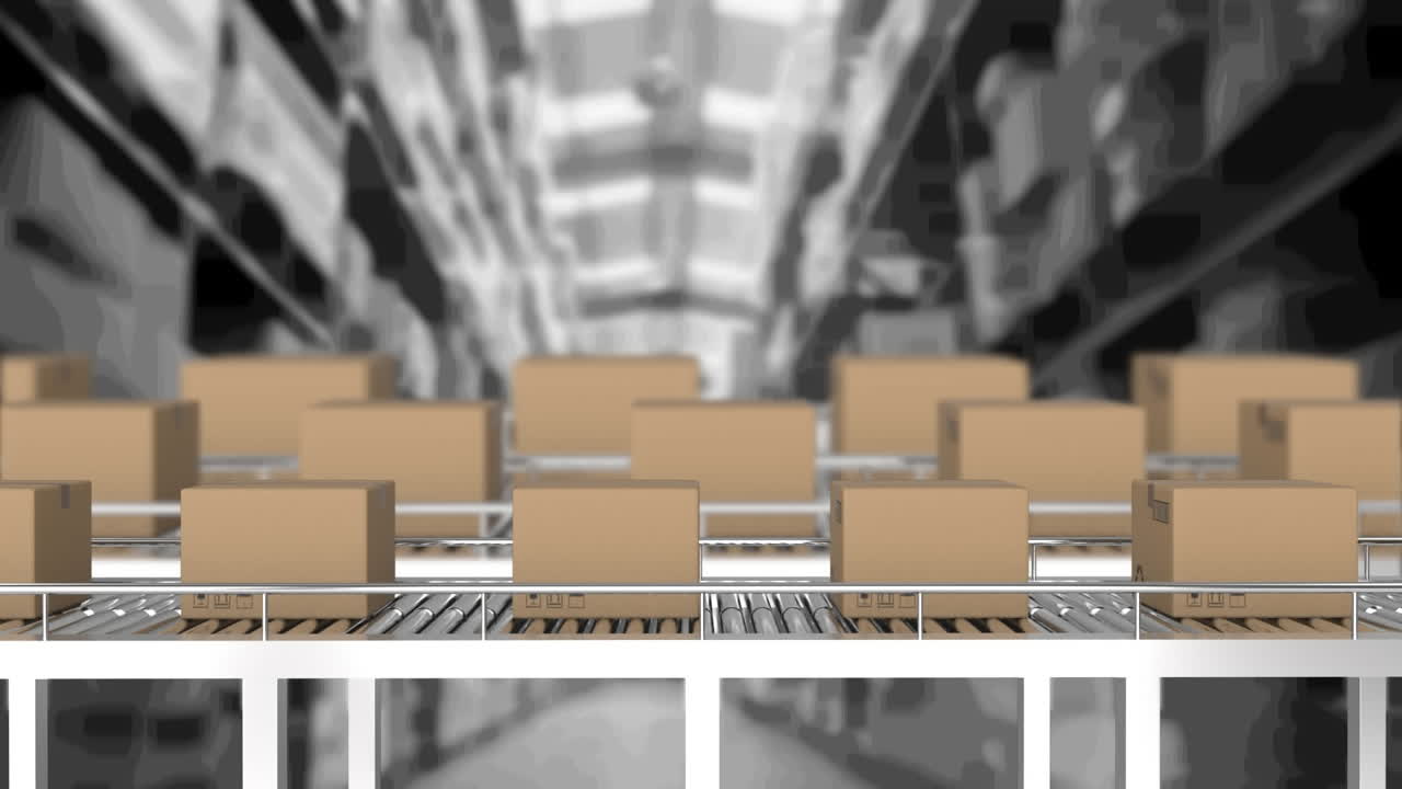 animación de cajas de cartón que se mueven en cintas transportadoras en el almacén