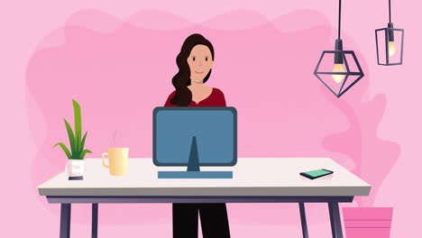animación de pictograma de una mujer que trabaja desde casa utilizando una computadora