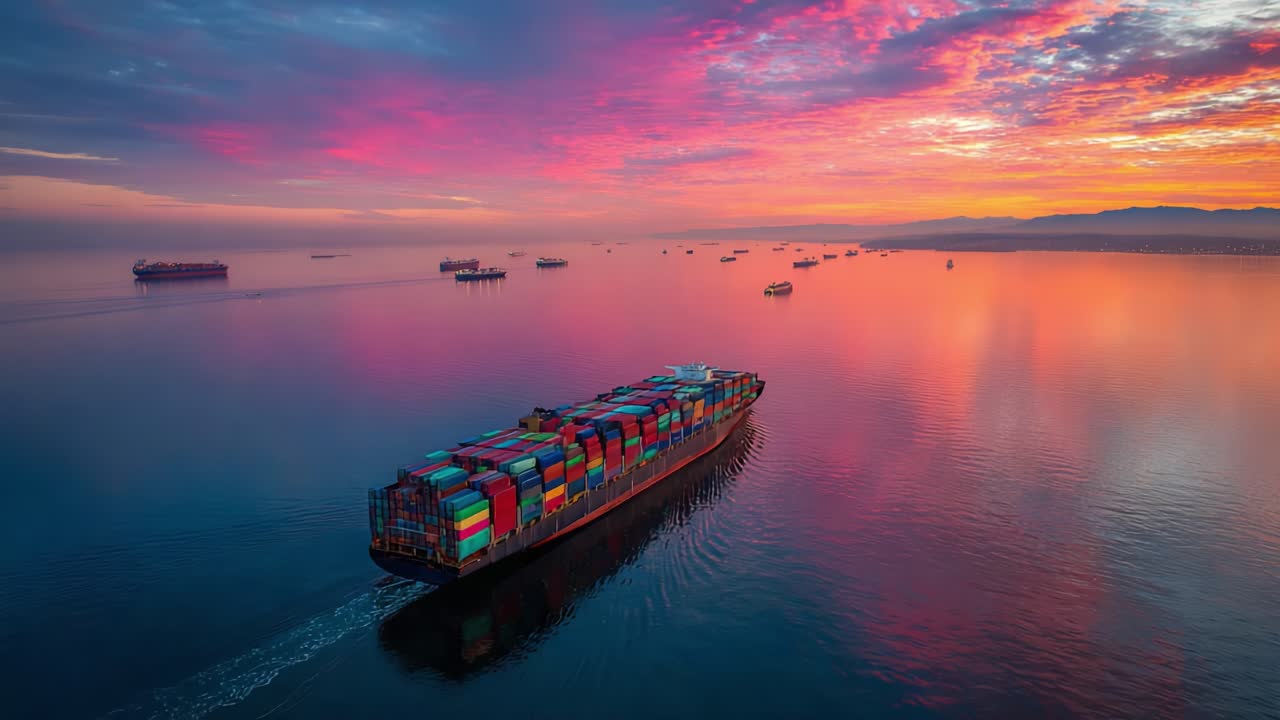 A Vibrant Container Ship Navigates Through Tranquil Waters at Dawn, Surrounded by a Stunning Display of Colors from the Sunrise, Reflecting on the Calm Ocean Surface