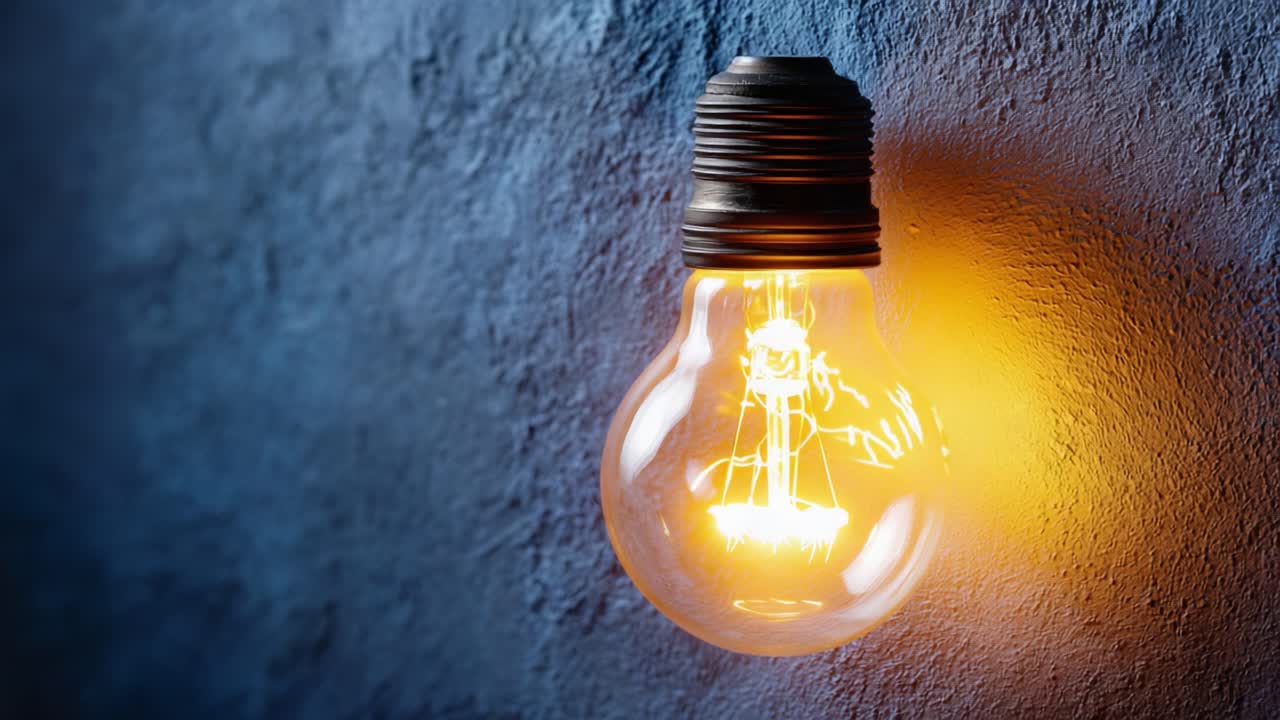 Glowing Light Bulb Against Textured Blue Wall: A Captivating Display of Vintage Design and Warm Ambiance in Artistic Interior Lighting