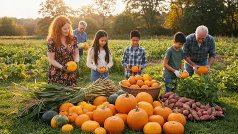 Harvesting Joy: A Heartwarming Family Gathering in a Pumpkin Patch During Sunset, Celebrating the Bountiful Autumn Season with Nature's Produce