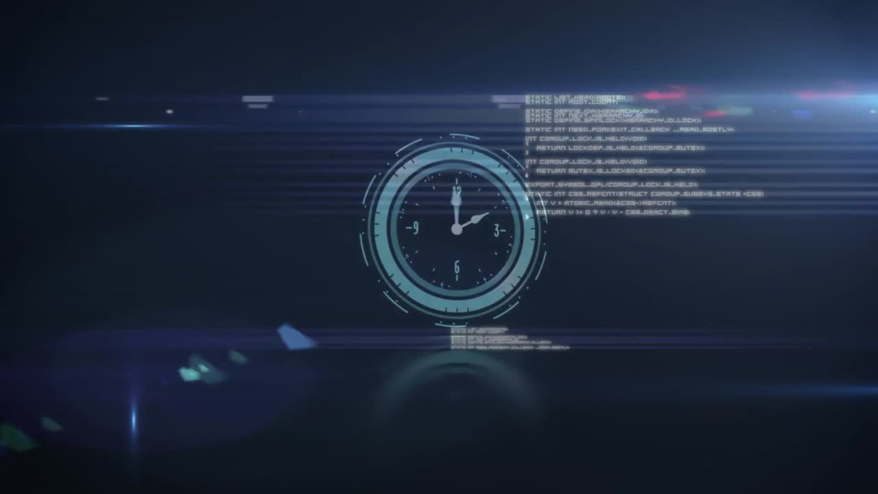 Animation of clock moving fast with data processing on blue background