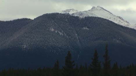 Ladera-De-La-Montaña-Con-Una-Línea-De-Nieve-Ligera-Y-Un-Bosque-De-Pinos