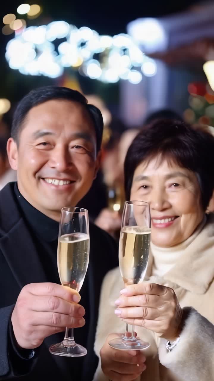Happy adult asian couple raises his champagne glasses and smiles in toast. New Year Celebration
