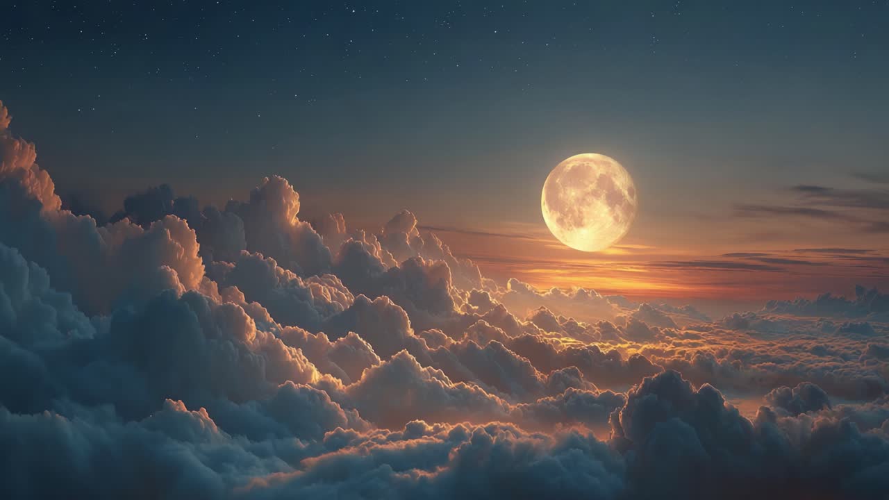 A Majestic Evening Sky: The Splendor of a Bright Full Moon Surrounded by Soft, Fluffy Clouds Lighting up the Dusk Horizon