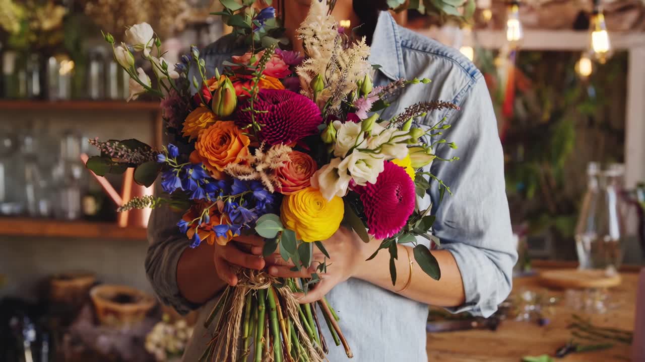 Angolazione video ravvicinata di un vivace bouquet floreale tenuto da una persona in un'ambientazione rustica