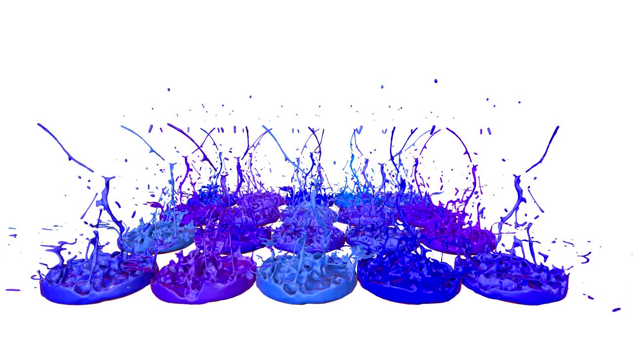 3d splashes of liquid. Paint bounce in 4k on white background. Simulation of splashes of ink on a musical speaker that play music. version shades of blue 3