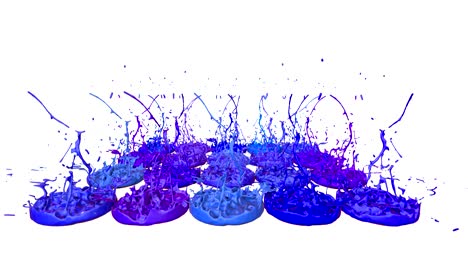 3d splashes of liquid. paint bounce in 4k on white background. simulation of splashes of ink on a musical speaker that play music. version shades of blue 3