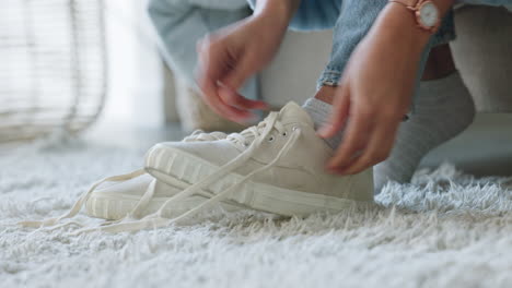 Woman,-bed-and-tie-shoelace-together-on-bedroom