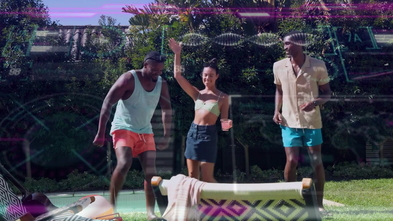Offscreen beat driving group dancing at pool left man shaking bottle social glitch animating frame