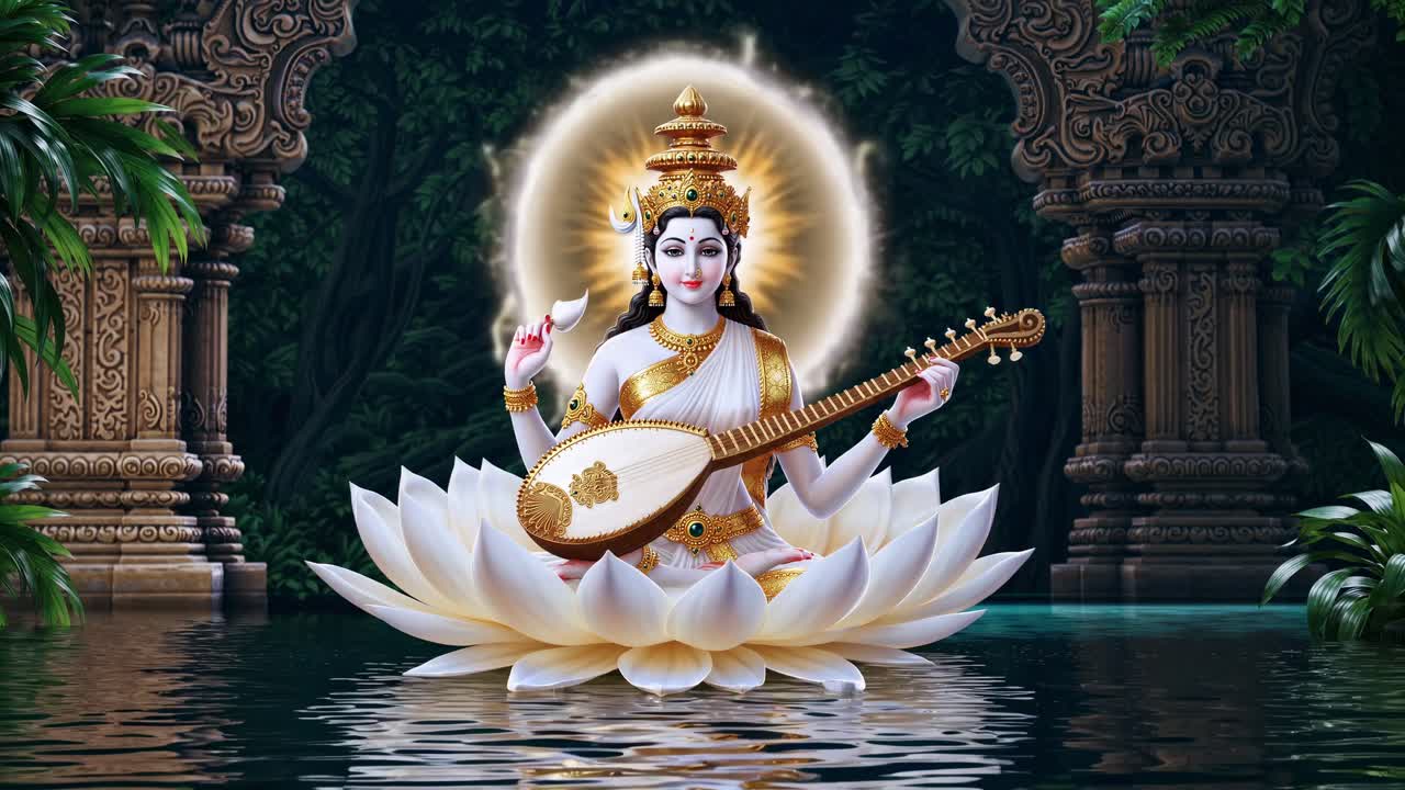 Ethereal figure gracefully plays a musical instrument while seated on a lotus flower, surrounded by tranquil water and lush greenery, embodying serenity and harmony