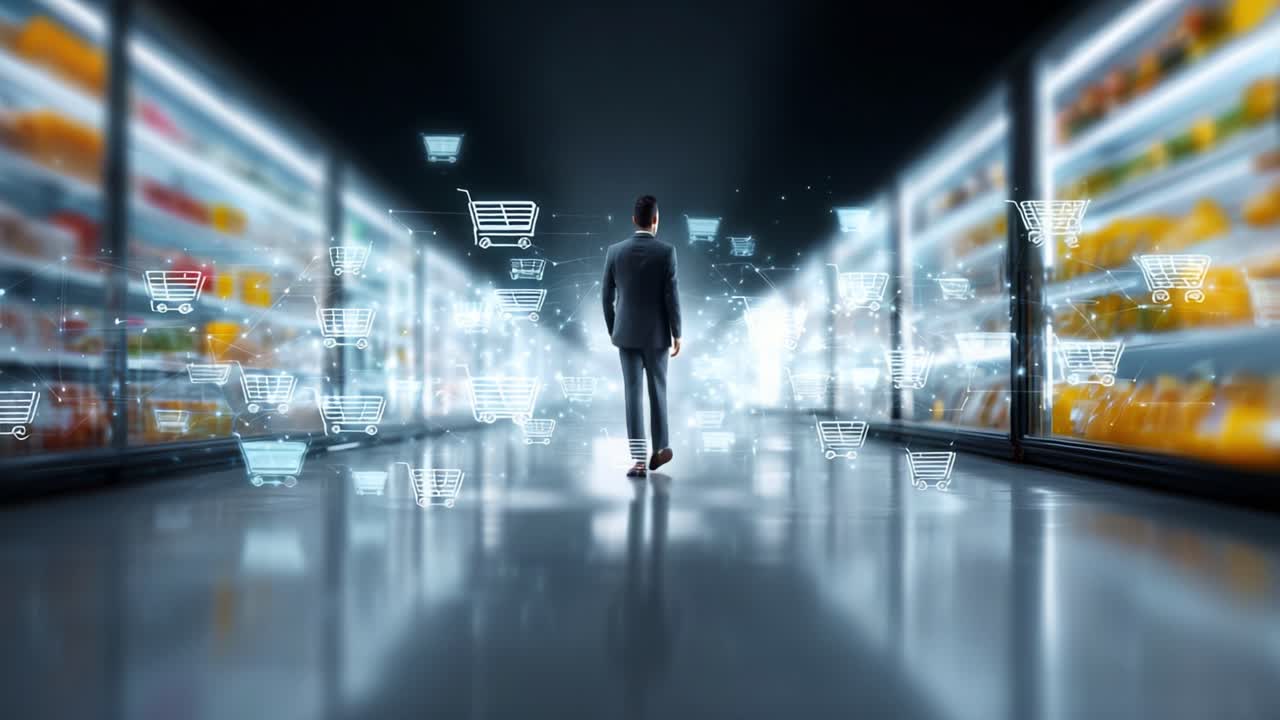 A business professional walking through a futuristic supermarket aisle filled with digital shopping carts and illuminated grocery shelves, showcasing a blend of technology and retail innovation