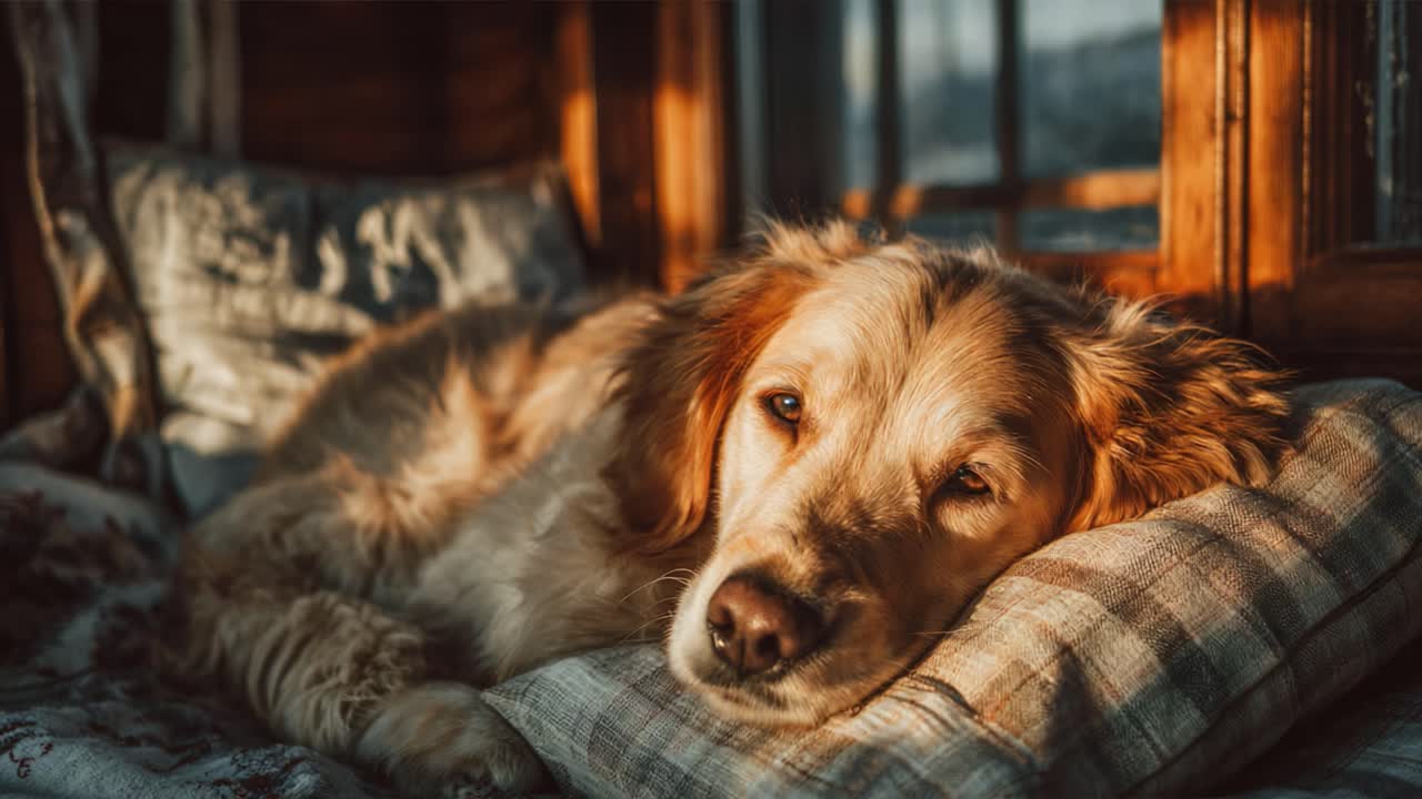 A Serene Golden Retriever Enjoys a Peaceful Nap in Sunlight, Relaxing Comfortably on a Cozy Pillow Surrounded by Warm, Natural Light and Homey Vibes