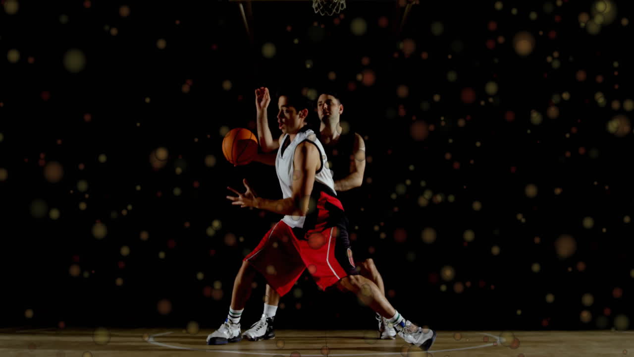 animación de puntos móviles sobre diversos jugadores de baloncesto masculinos jugando baloncesto